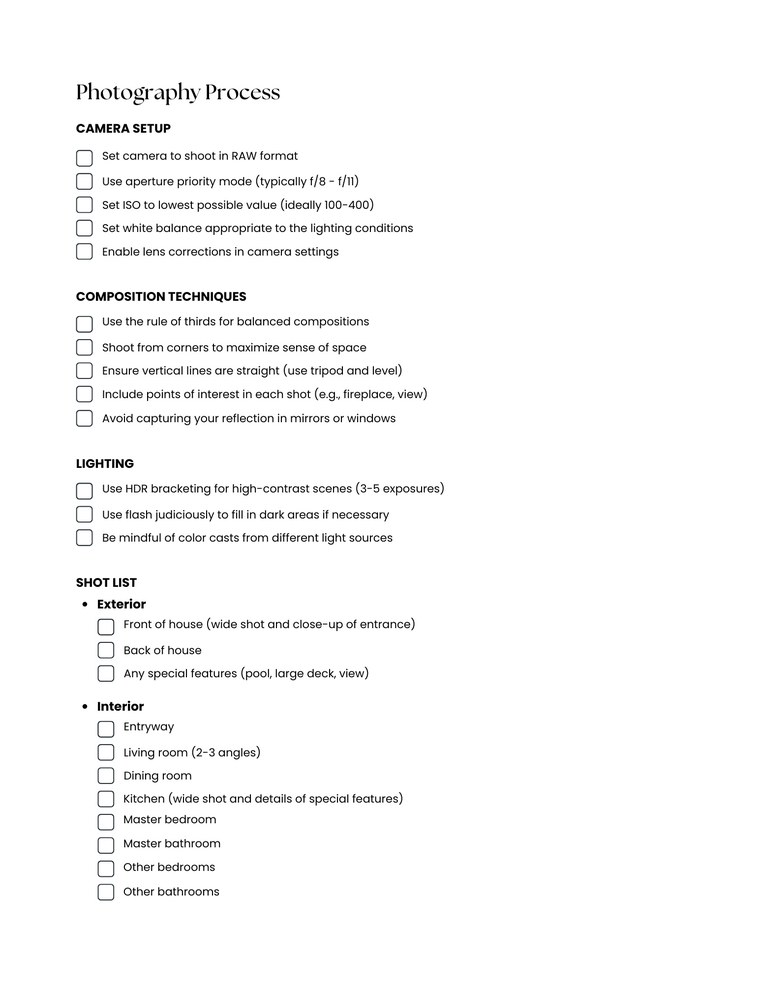 Photography process checklist page — camera settings and shot list
